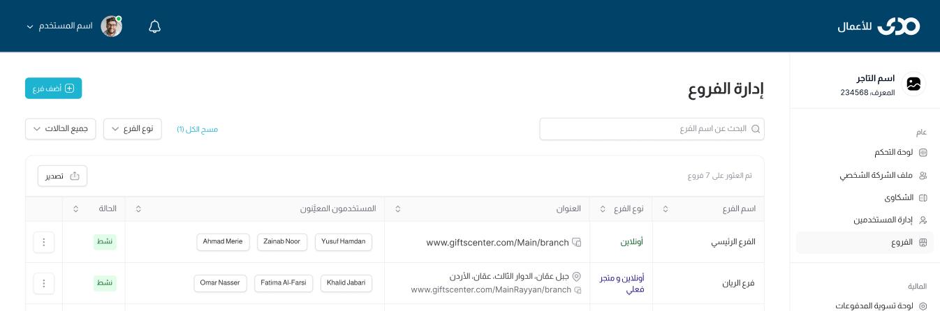 لوحة تحكم تاجر مدى — عرض إدارة الفروع