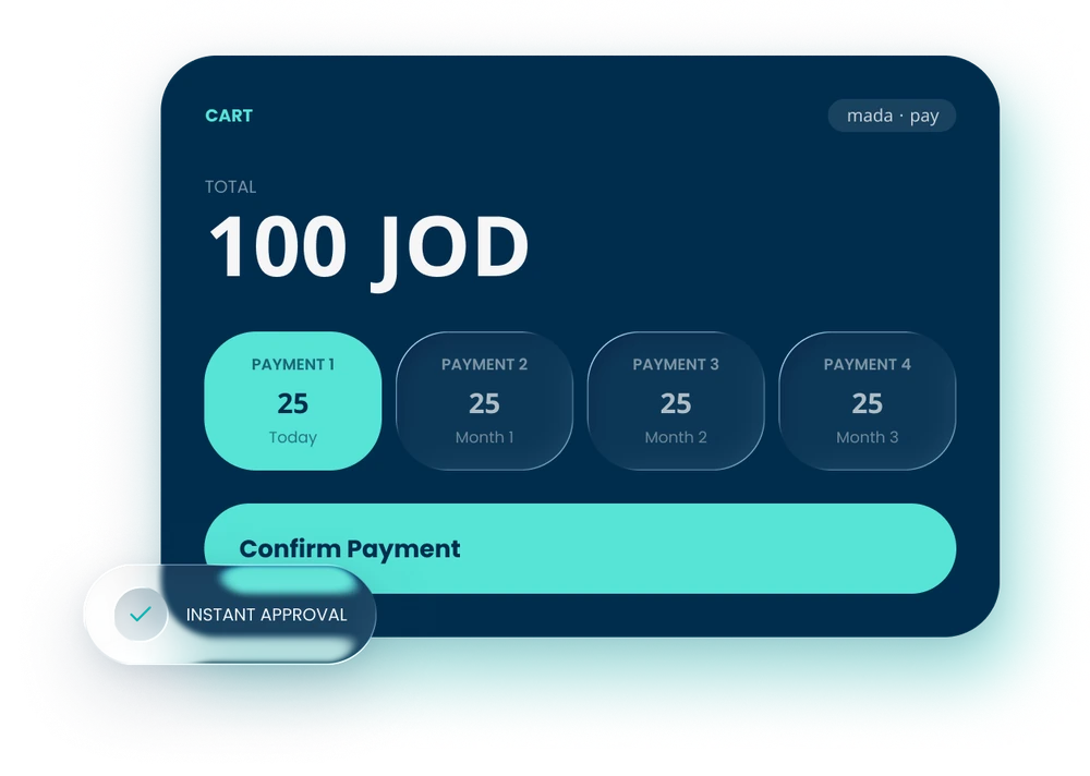 Mada app example: a 100 JOD cart split into four payments of 25, with instant approval.